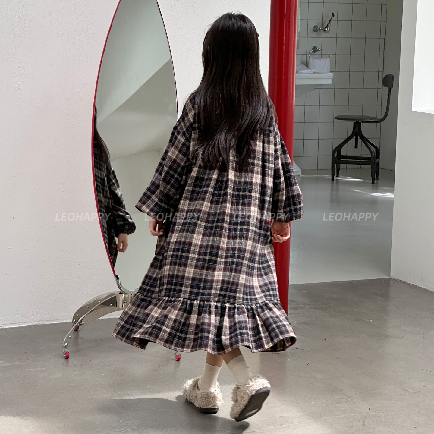 LEOHAPPY女童连衣裙长袖儿童裙子秋季磨毛色织格子裙中大童复古裙图片