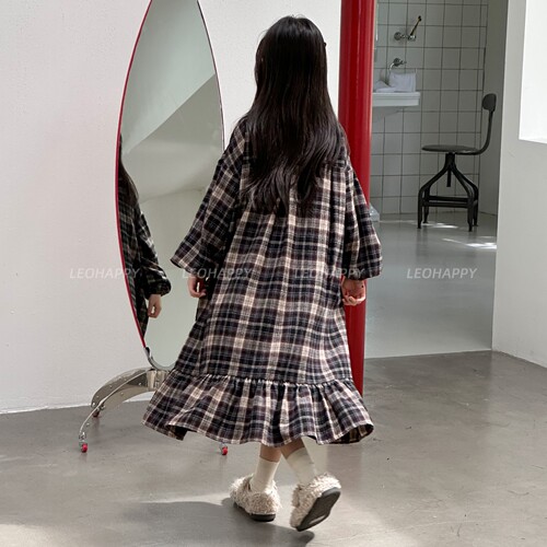 LEOHAPPY女童连衣裙长袖儿童裙子秋季磨毛色织格子裙中大童复古裙