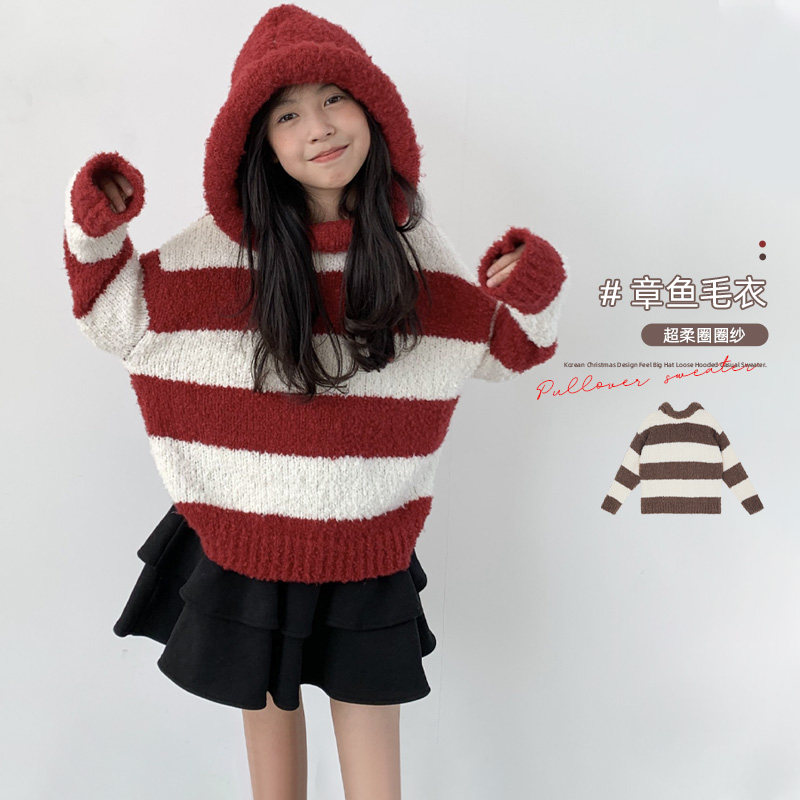 女童毛衣圈圈纱儿童连帽条纹上衣