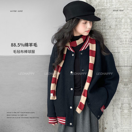 LEOHAPPY女童外套2025新款冬加厚儿童棒球服羊毛呢中大童棉服上衣
