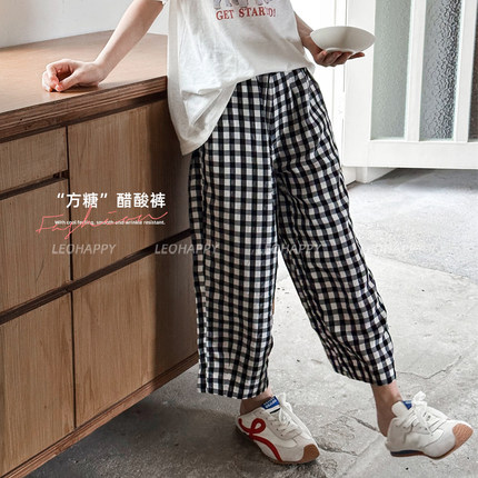 LEOHAPPY女童裤子夏季新款儿童阔腿裤醋酸混纺格子裤中大童休闲裤