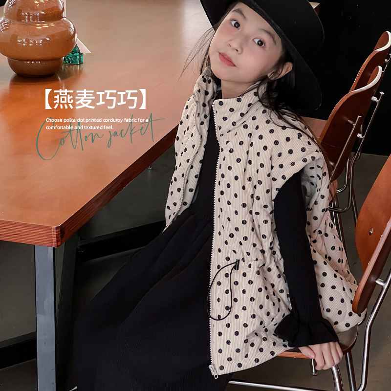 leobaby女童波点马甲加绒2023新款儿童棉服外套中大童洋气上衣N