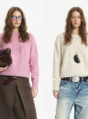 LEONSENSE力上司 耗牛绒羊毛手工立体钩花正肩短款毛衣圆领保暖