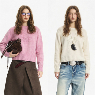 LEONSENSE力上司 耗牛绒羊毛手工立体钩花正肩短款毛衣圆领保暖