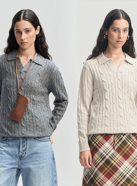 LEONSENSE力上司 绵羊毛麻花钩针V领毛衣简约老钱风百搭中性长袖