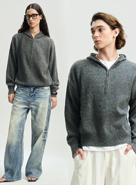 LEONSENSE力上司 半拉链连帽毛衣慵懒休闲宽松经典灰色老钱男女款