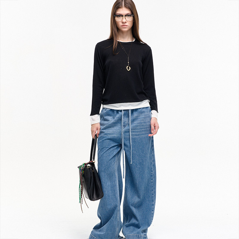 长裤洗水松紧腰阔腿牛仔裤