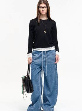 LEONSENSE力上司 天丝牛仔松紧腰牛仔裤 阔版拖地松弛感经典蓝色