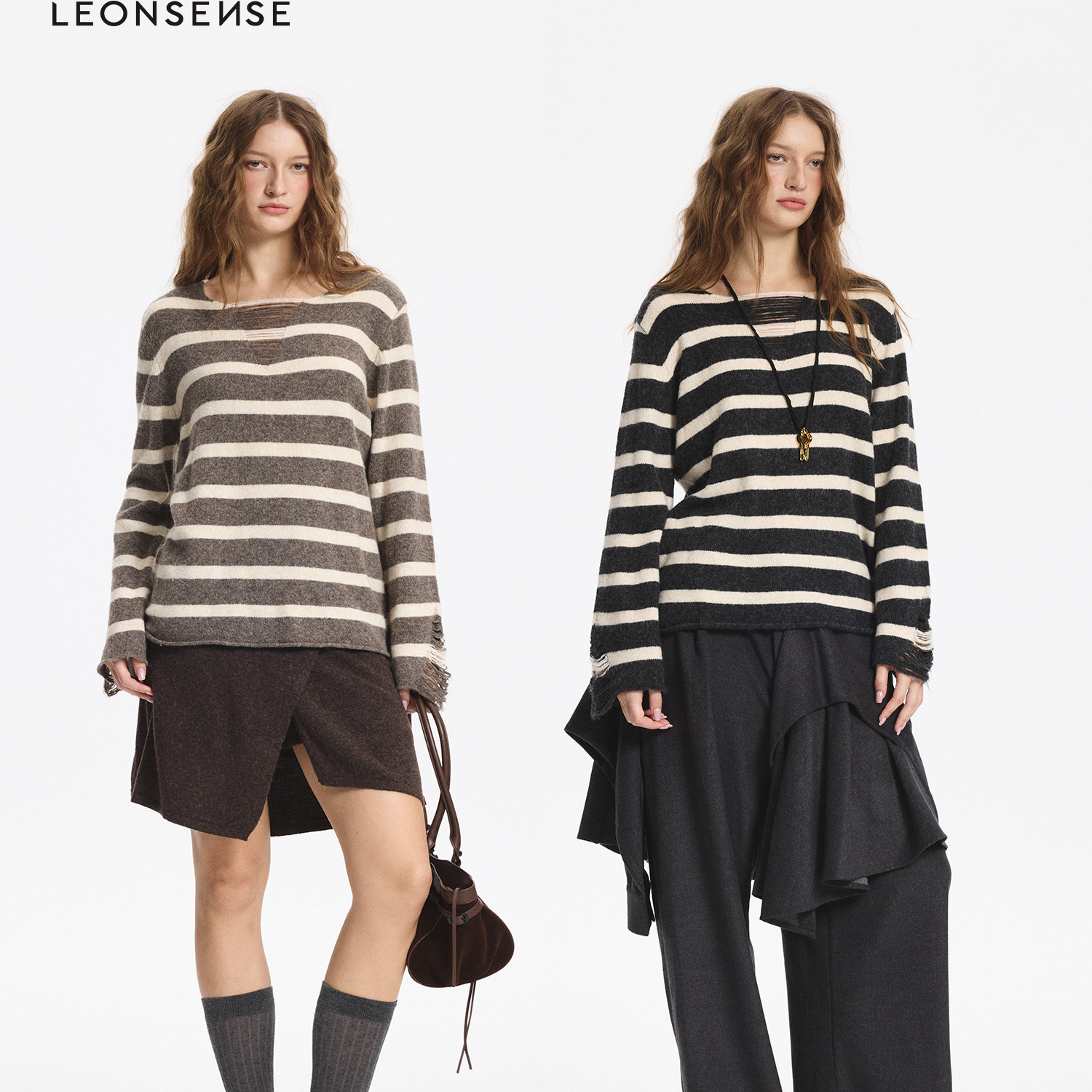 V领羊毛条纹毛衣长袖上衣