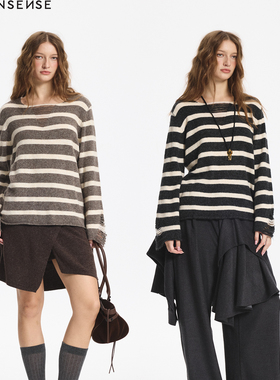 LEONSENSE力上司 V领羊毛条纹毛衣长袖 慵懒经典微宽松老钱风上衣