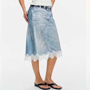 LEONSENSE力上司 斜裁显瘦蕾丝半身裙 光泽感缎面3D牛仔印花垂坠