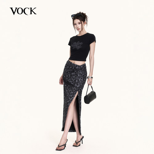 VOCK 复古来电 法式豹纹修身圆领短款印花T恤开叉长半裙两件套装