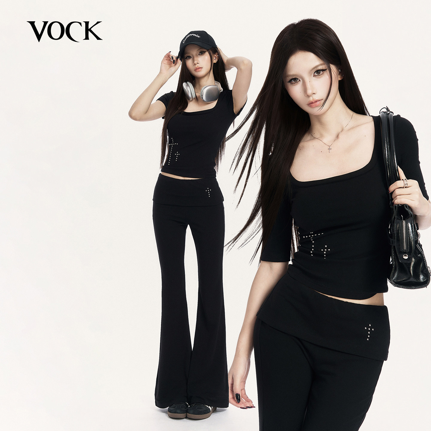 VOCK 松弛自在 辣妹方领正肩修身显瘦弹力短款T恤宽折边喇叭长裤