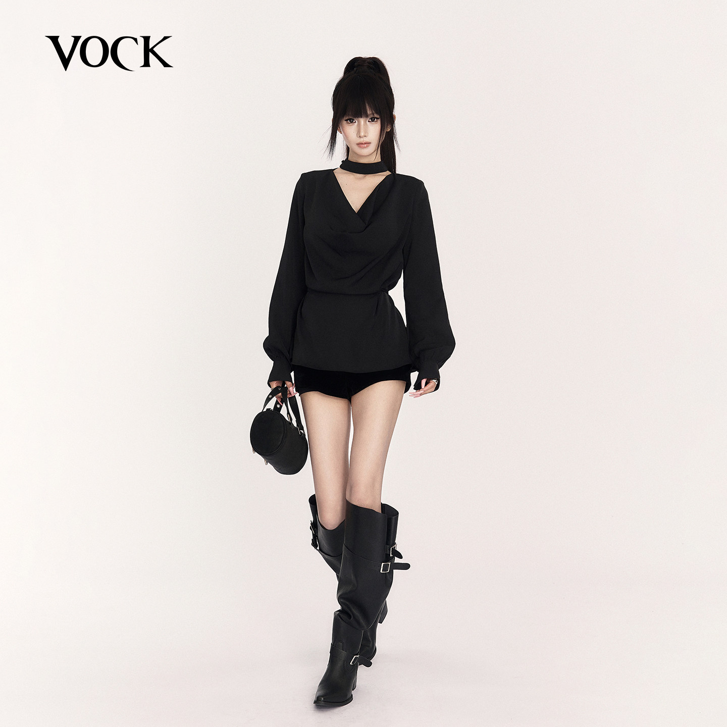 VOCK 月夜倒叙 早秋法式高智感气质通勤项圈荡领收腰显瘦衬衫上衣