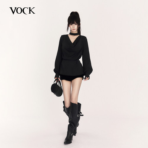 VOCK 月夜倒叙 早秋法式高智感气质通勤项圈荡领收腰显瘦衬衫上衣