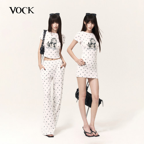 VOCK 甜心电波 辣妹猫咪印花波点圆领短袖T恤包臀半裙休闲阔腿裤