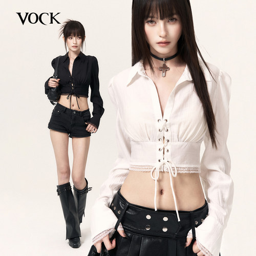 VOCK 拽辣本色 小众设计感绑带收腰衬衫辣妹长袖露腰蕾丝宫廷衬衣
