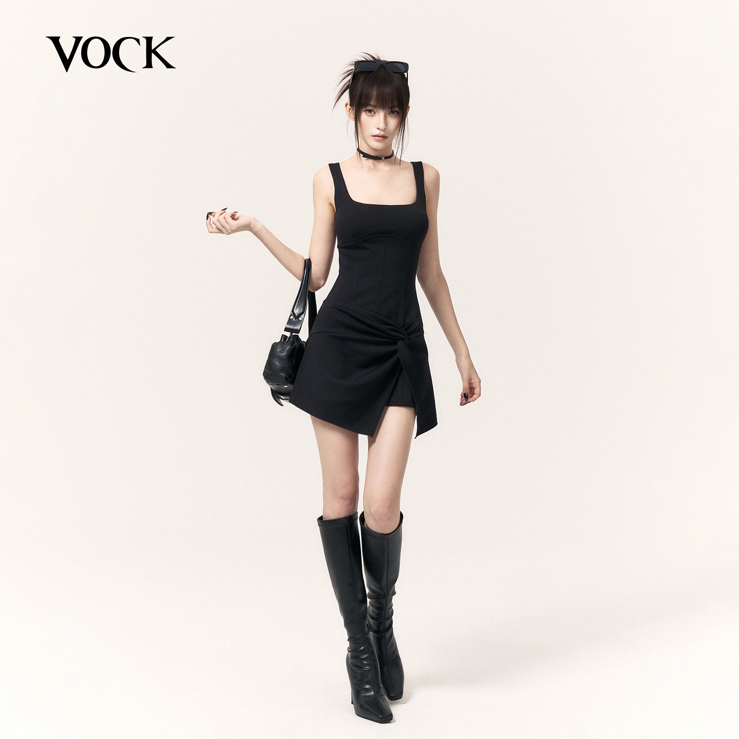 VOCK 此刻超飒 休闲辣妹假两件吊带连衣裙修身显瘦无袖针织方领裙图片