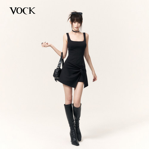 VOCK 此刻超飒 休闲辣妹假两件吊带连衣裙修身显瘦无袖针织方领裙