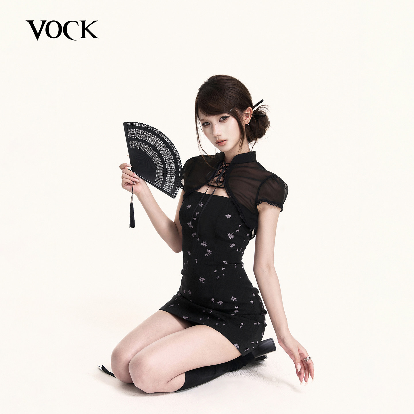 VOCK 黑鸢尾 重工新中式国风辣妹性感两件套装改良旗袍连衣裙短裙