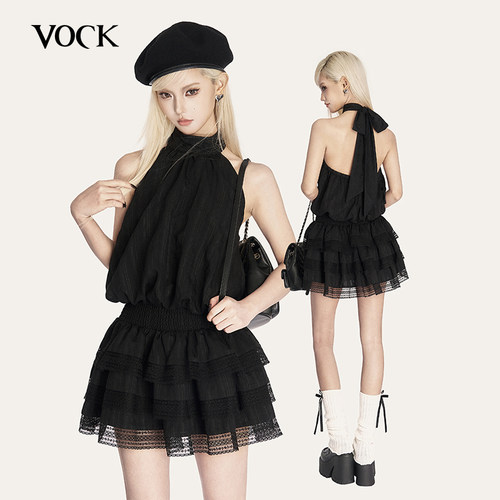 VOCK 古早千金 日系复古条纹挂脖露背蝴蝶结松紧腰显瘦蛋糕蓬蓬裙