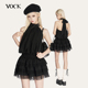 VOCK 古早千金 日系复古条纹挂脖露背蝴蝶结松紧腰显瘦蛋糕蓬蓬裙