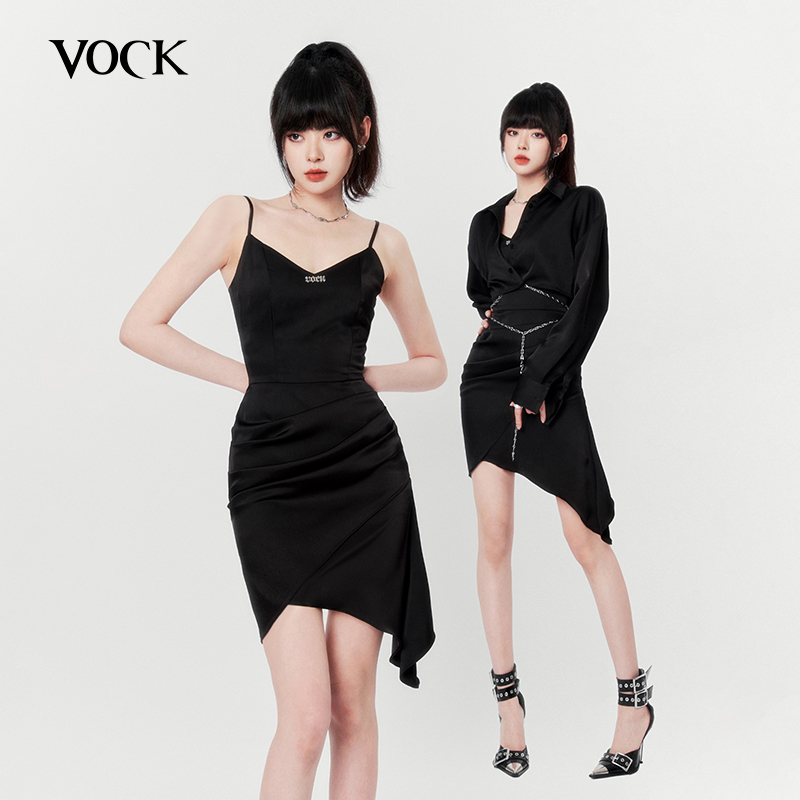 VOCK 鎏光之夜 法式高级气质缎面包臀不规则吊带裙宽松显瘦短衬衫
