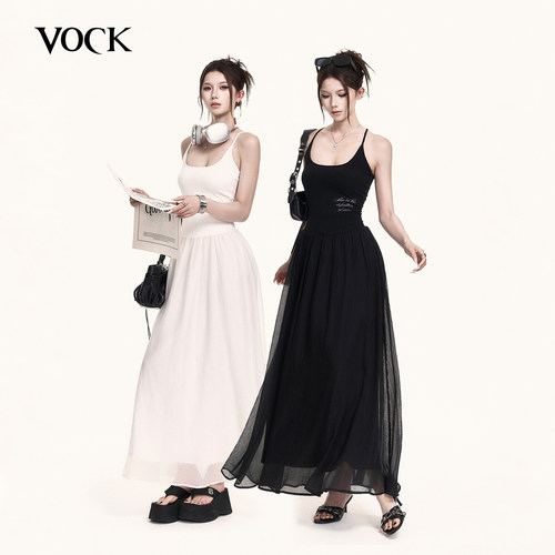 VOCK 松弛慢调 休闲度假a字吊带裙遮副乳工字背心裙长款连衣裙子