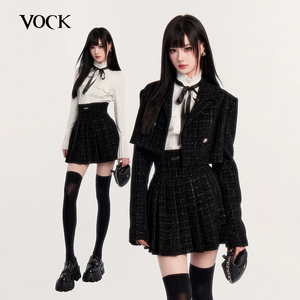 VOCK 暗黑千金 富家精致感新年小香风外套装百褶裙内搭白衬衫名媛