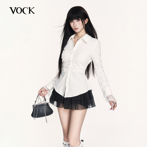 VOCK 少女弦音 日系学院风校供感白色条纹收腰显瘦通勤衬衣小个子