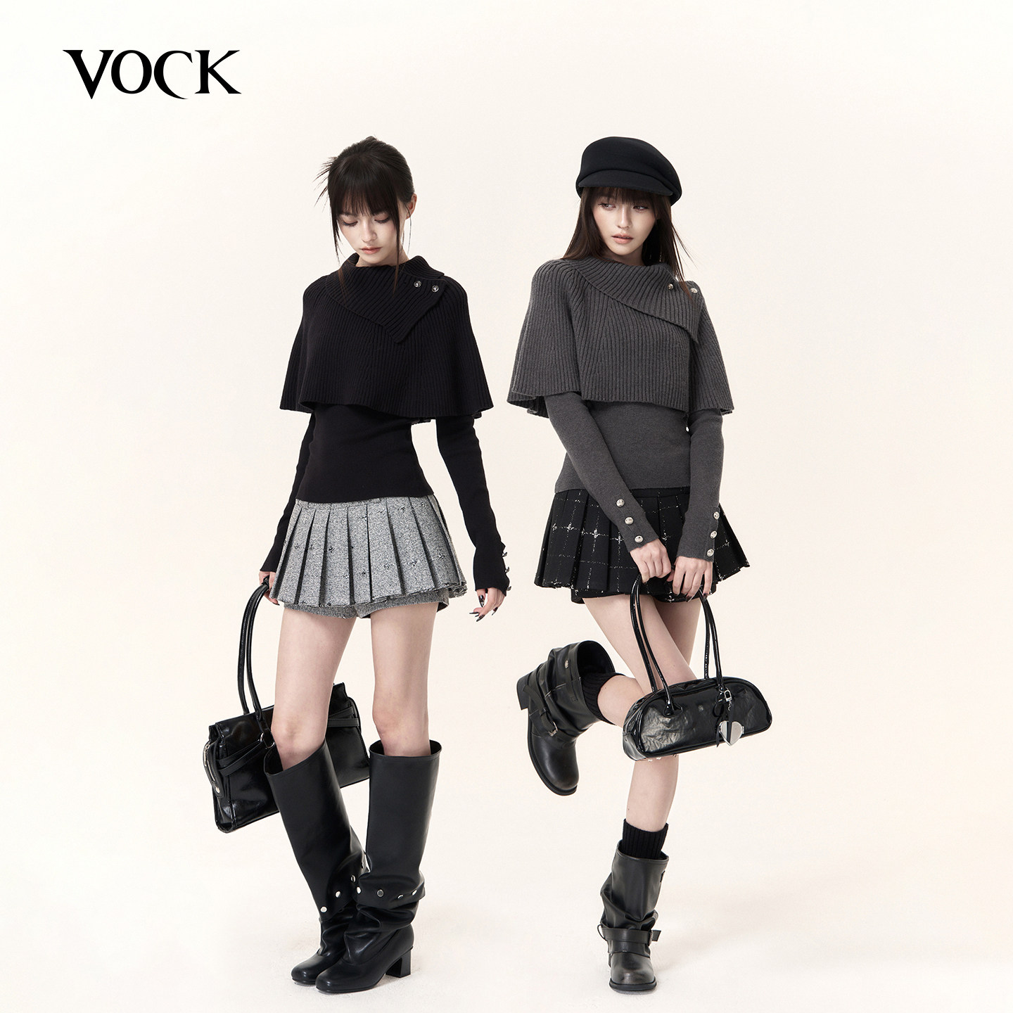 VOCK 古早日杂 千金斗篷针织两件套装秋冬披肩修身长袖打底衫上衣