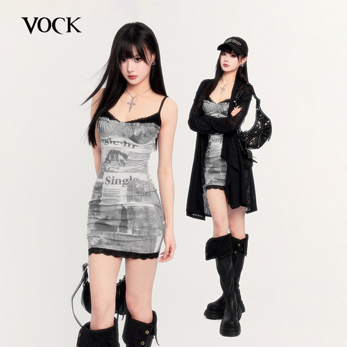 VOCK 纸片人 暗黑显瘦不规则防晒针织衫复古画报包臀吊带裙两件套