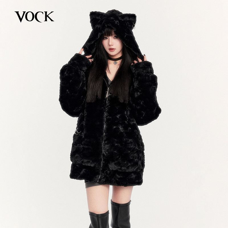 VOCK 黑猫派对 暗黑环保皮草情侣猫耳连帽宽松卫衣外套重磅保暖冬