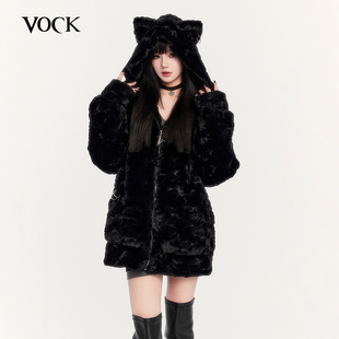VOCK 暗黑环保皮草情侣猫耳连帽宽松卫衣外套重磅保暖冬 黑猫派对