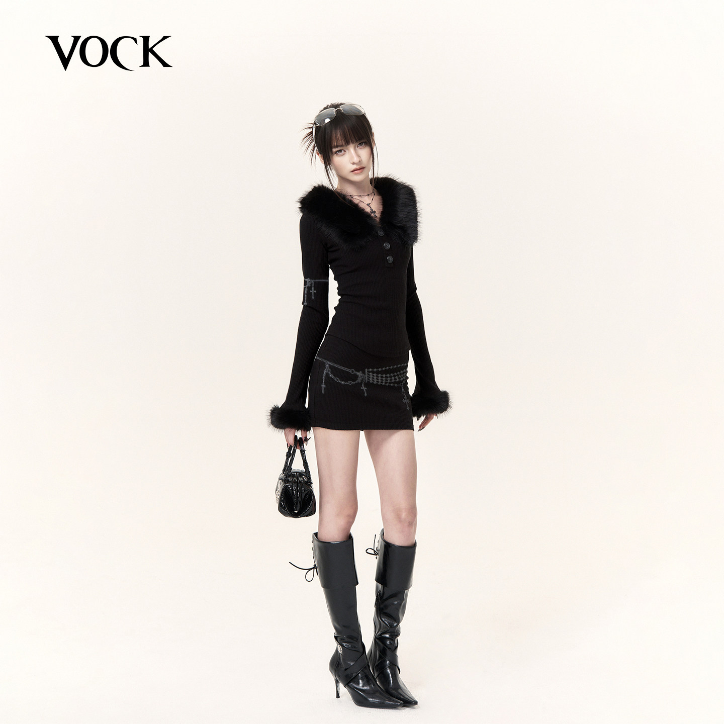 VOCK 辣妹领域 万圣印花针织套装毛领修身长袖上衣包臀短裙两件套