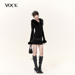 VOCK 辣妹领域 万圣印花针织套装毛领修身长袖上衣包臀短裙两件套
