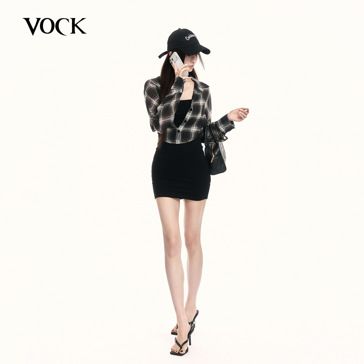 VOCK 加州辣妹 设计感格纹衬衣针织吊带裙修身显瘦假两件连衣裙子