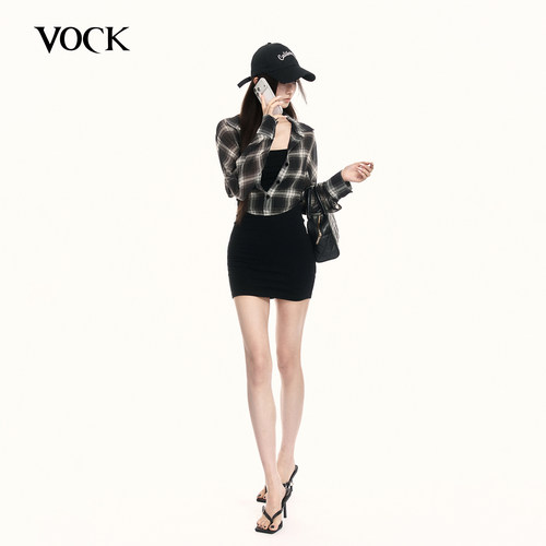 VOCK 加州辣妹 设计感格纹衬衣针织吊带裙修身显瘦假两件连衣裙子