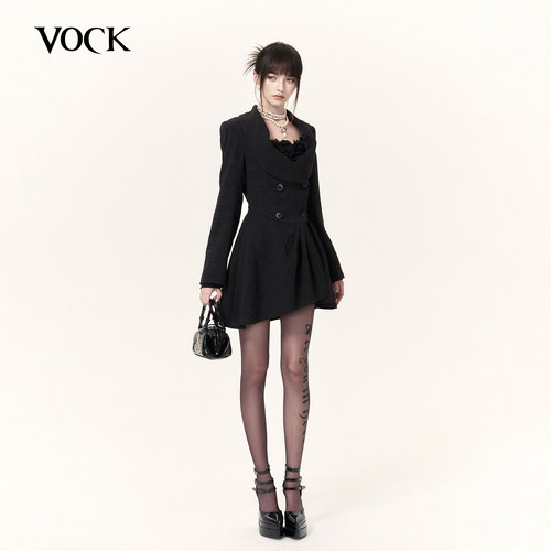 VOCK 夜幕浅奏 高级感黑色翻领西装裙双排扣不规则收腰格纹连衣裙
