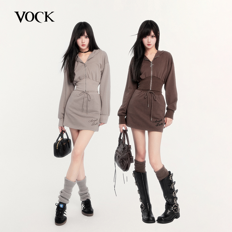 VOCK 甜茶泡芙 美式辣妹休闲运动两件套装开衫卫衣半身裙小个子