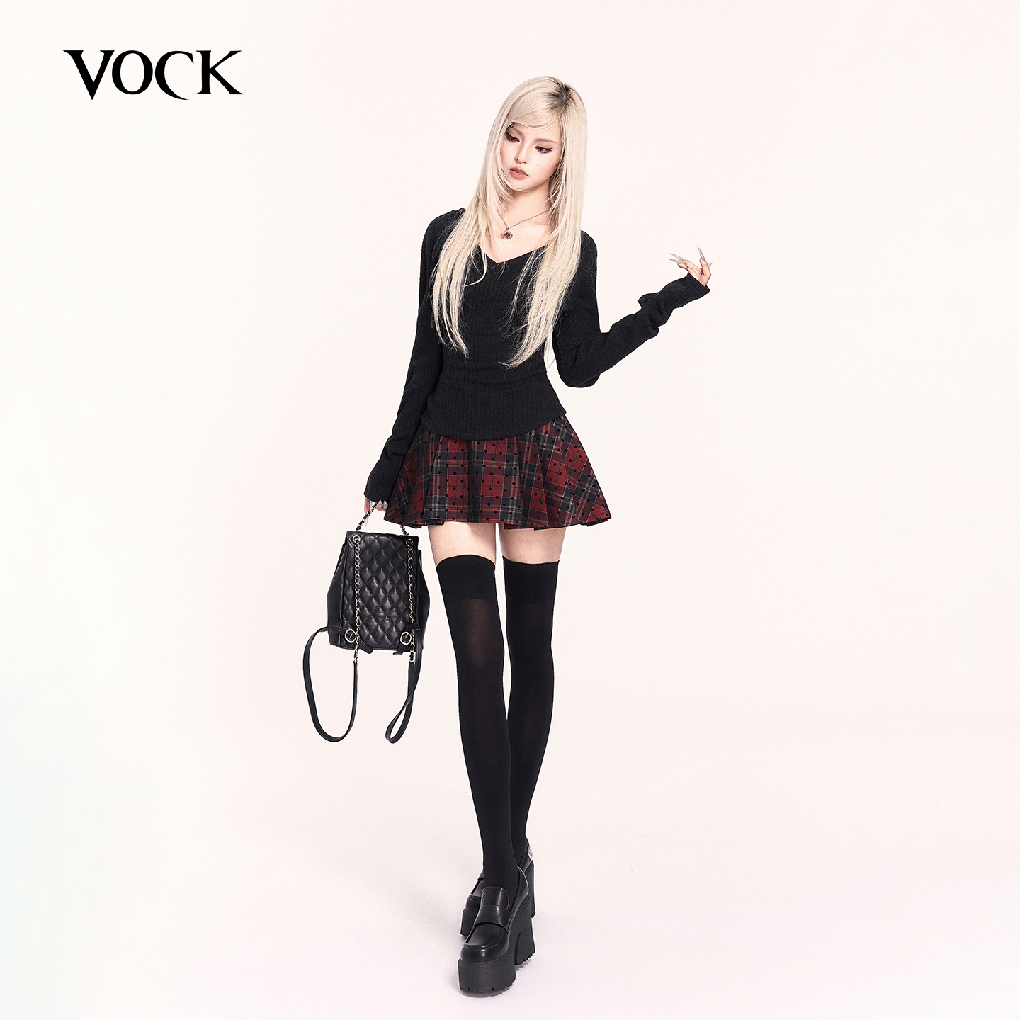 VOCK 显瘦力荐 辣妹设计感弯刀袖V领麻花打底修身长袖针织衫上衣