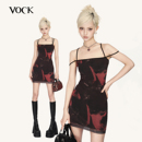 加州日落 VOCK 欧美性感辣妹网纱印花收腰显瘦弹力包臀吊带连衣裙