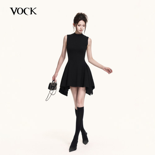 VOCK 黑曜千金 法式气质高级感不规则A字裙收腰显瘦黑色连衣裙子