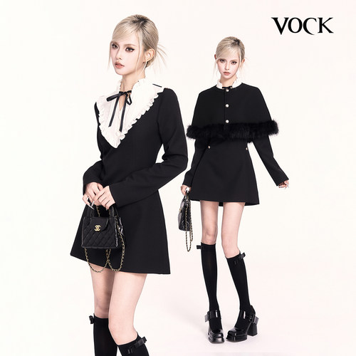 VOCK 千金序曲 韩系氛围感新年毛呢披肩斗篷显瘦甜美连衣裙子套装