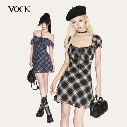 VOCK 复古甜心 法式少女格子甜酷方领泡泡袖收腰显瘦连衣裙a字裙