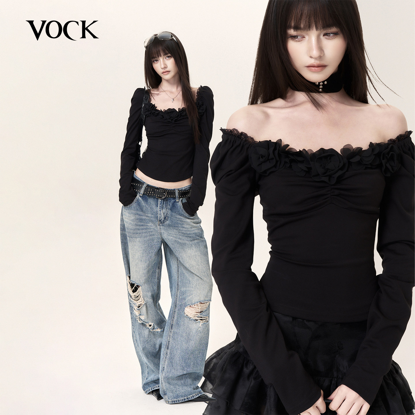 VOCK 茶祭玫瑰 万圣黑色气质外穿性感针织衫修身显瘦两穿长袖上衣
