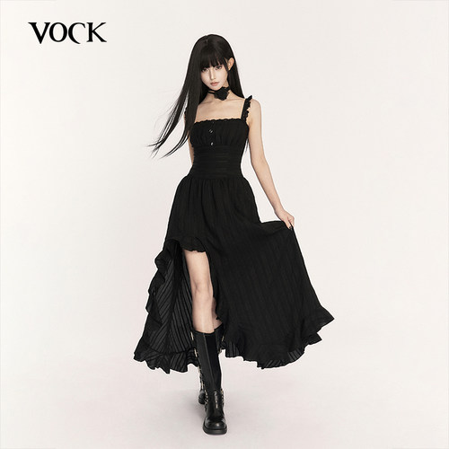 VOCK 情迷南法 法式浪漫收腰显瘦度假吊带裙开叉不规则无袖长裙子