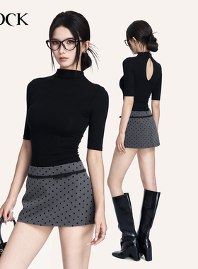 VOCK 纸片人 高智感辣妹黑色中袖小高领露背弹力正肩内搭打底上衣