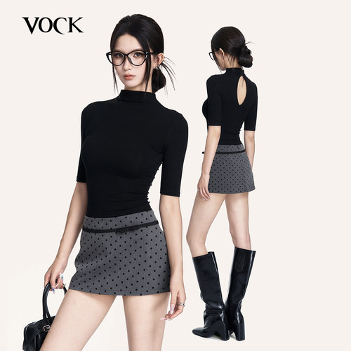 VOCK 纸片人 高智感辣妹黑色中袖小高领露背弹力正肩内搭打底上衣