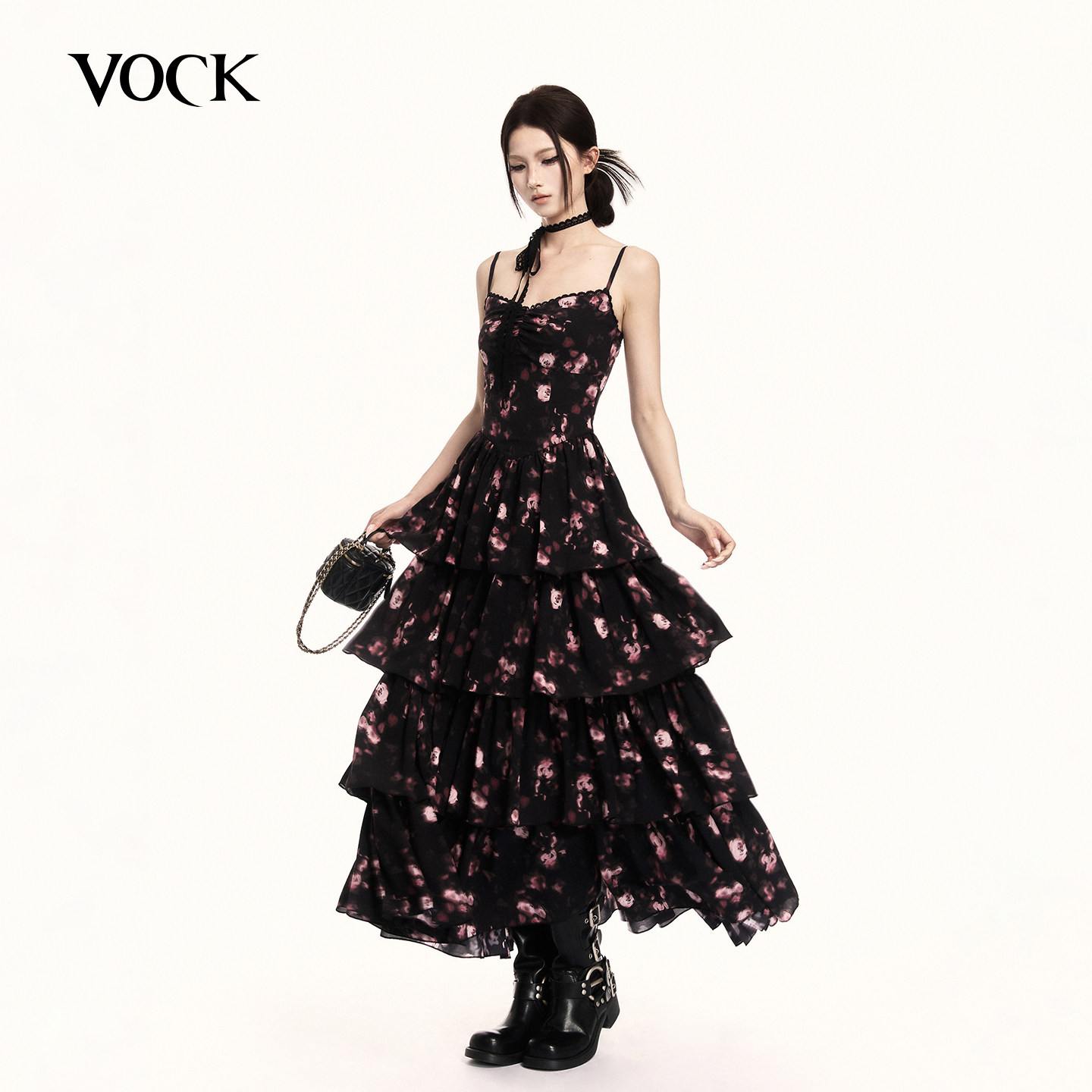 VOCK 樱花树下 高级感浪漫度假穿搭碎花连衣裙显瘦海边蛋糕裙长裙